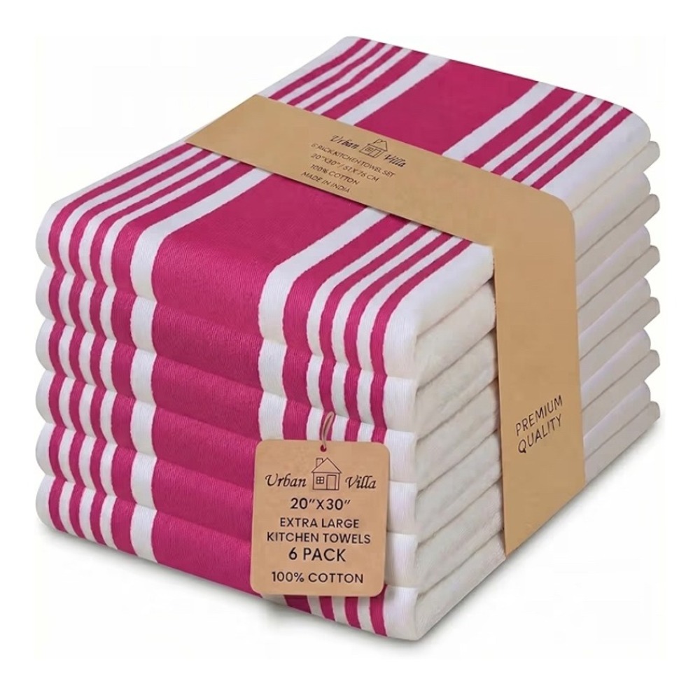 Urban Villa 6 Pack Kitchen Towels 20x30 XL 100% Cotton Pink White Stripe